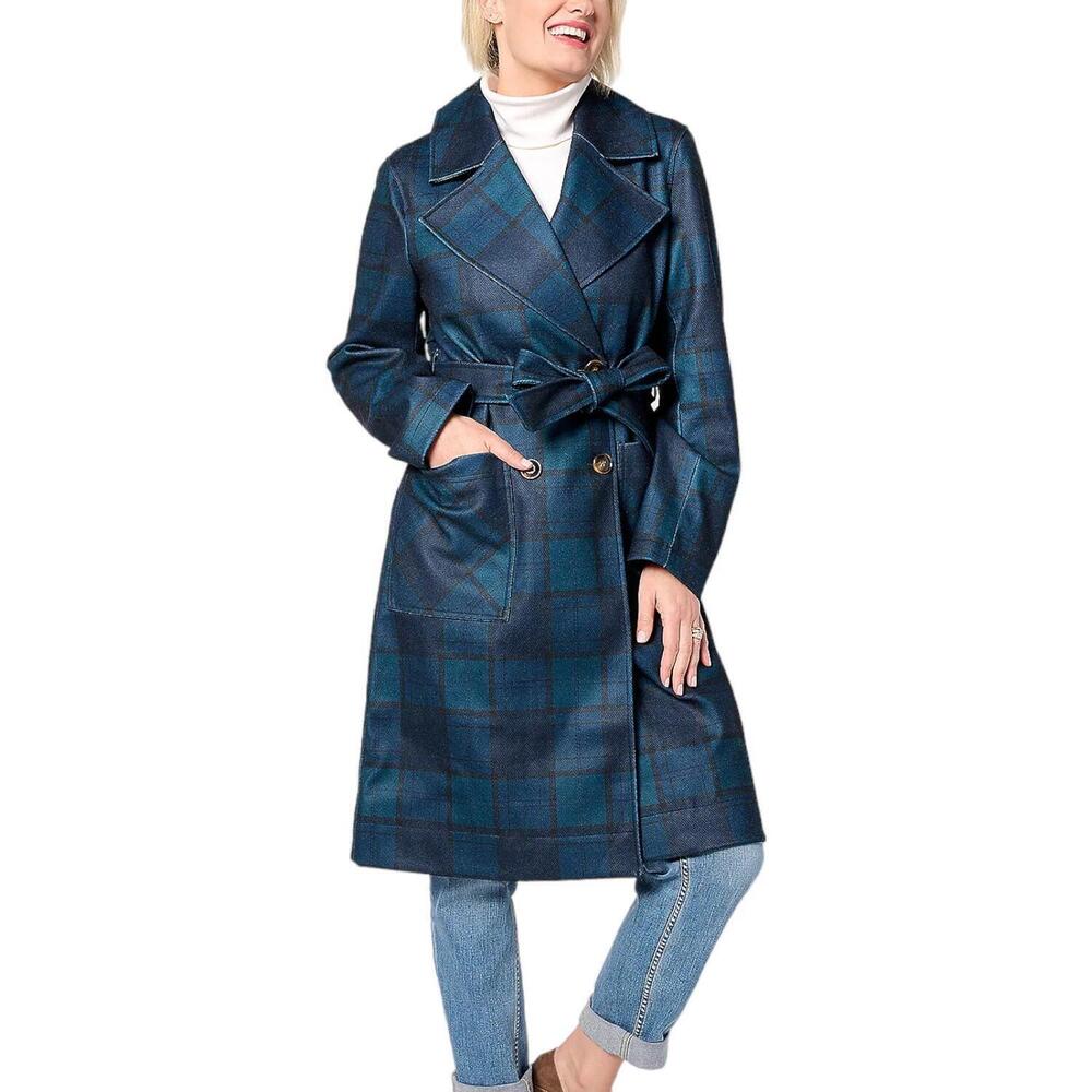 Thread Collective Women's Trench Patterned Trench Coat Navy Plaid - Regular